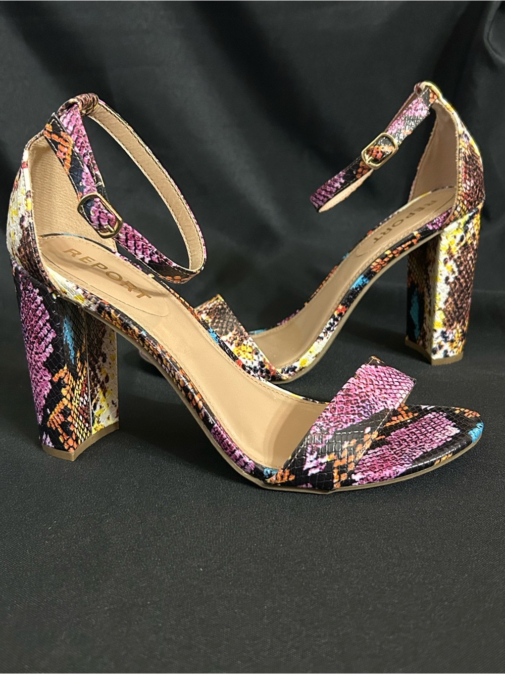 Report Multicolor Snakeskin Ankle-Strap Block Heel Sandal Pink/Yellow/Blue 8.5